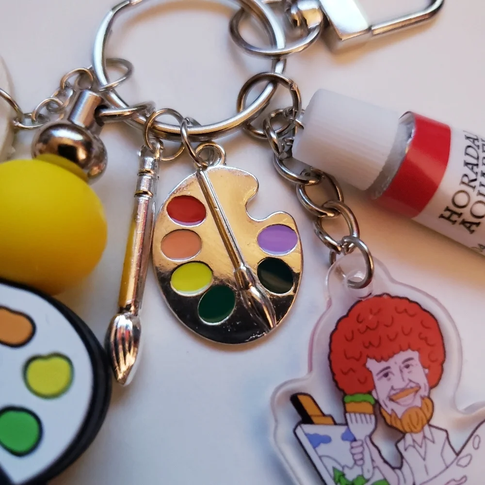 Handmade Bob Ross Artist Painter Art Palette Silicone Focal Beaded Keychain